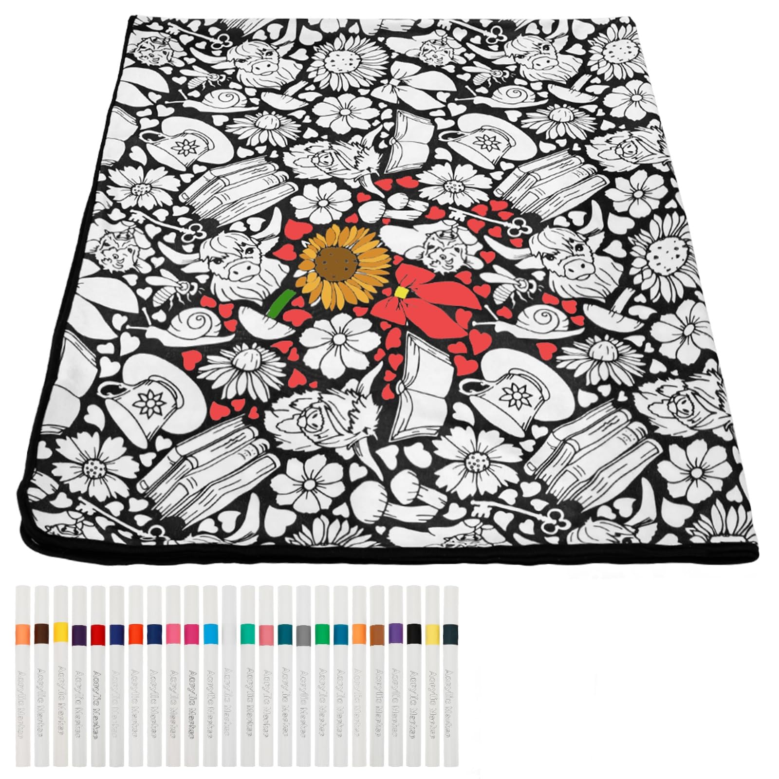 YUNYOUC DIY Colouring Blanket with 24 Colour Markers, Colour Your Own Throw Blanket for Adults, Creative Personalized Cozy Soft Fleece, Personalized Home Decor Ideal Choice, (Style C)