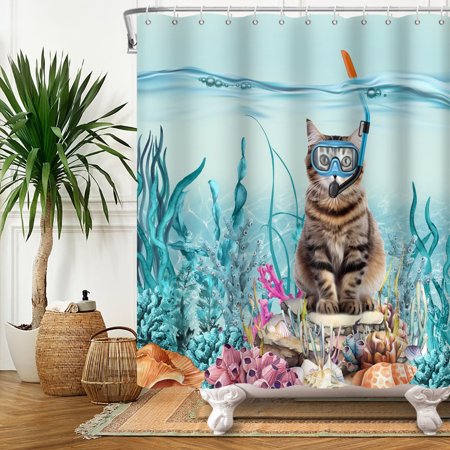 SDOTPMT 105x160cm Funny Cat Shower Curtain Cute Kitten Diving in Teal Blue Ocean Sea Coral Marine Alga Bathroom Curtain Waterproof Fabric Polyester Bathroom Home Decor with Hooks - Image 4