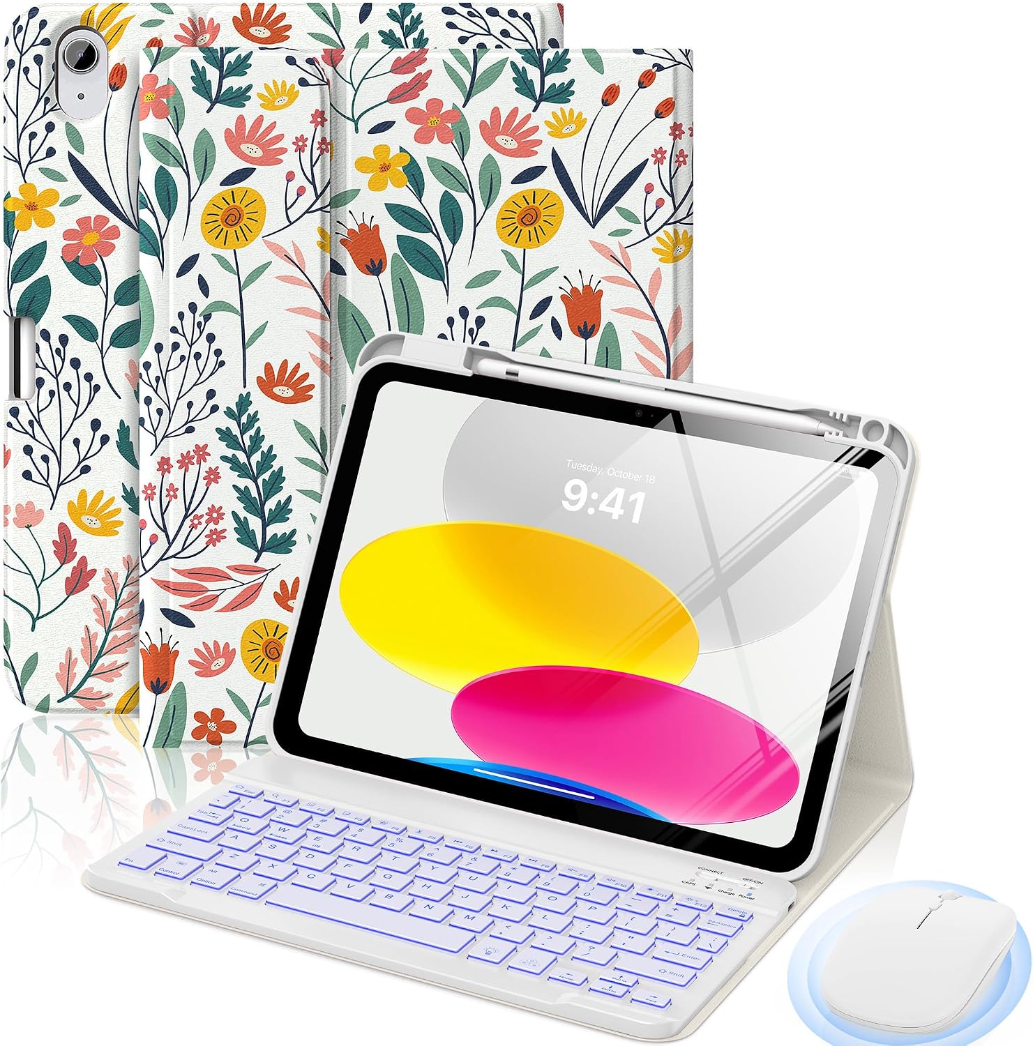 MoKo for iPad A16 11th/10th Gen Case with Keyboard & Mouse, Flowers