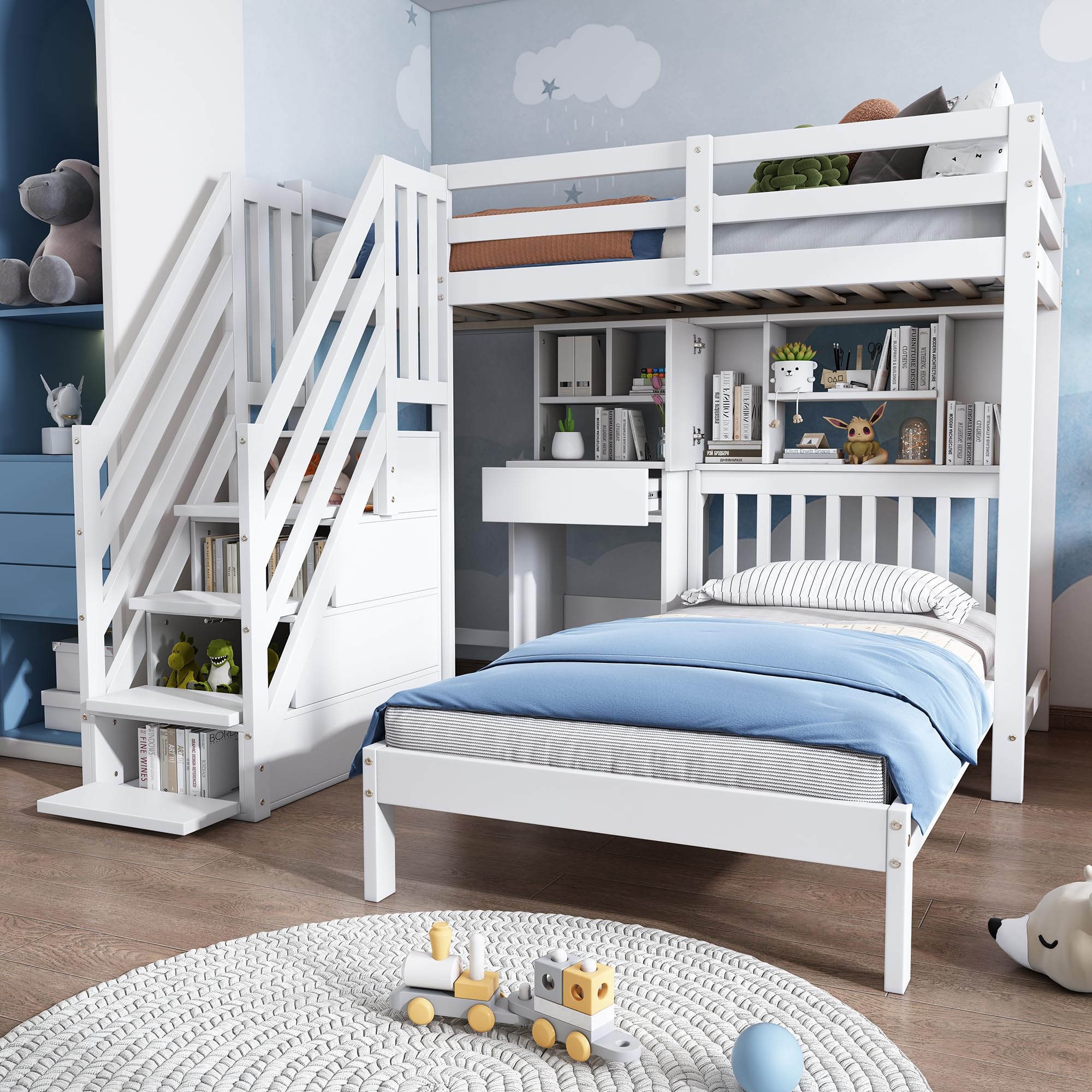 Cama Infantil Con Almacenamiento - 90x200 Cm, Con Cajones, Estantería Y Armario, Sin Colchón, Color Blanco, Capacidad 300 Kg