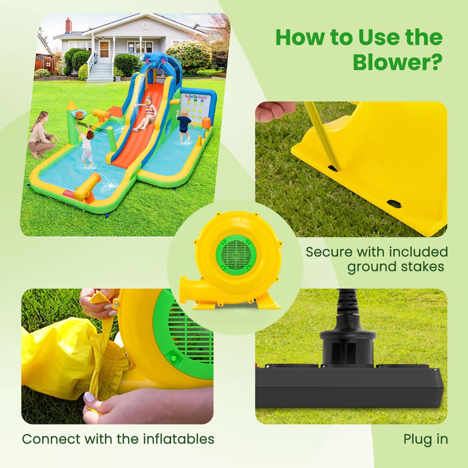 FANTASK Bomba de Ventilador para Castillo Hinchable, 850 W, para Juguetes inflables, soplador con Mango y Anclaje al Suelo