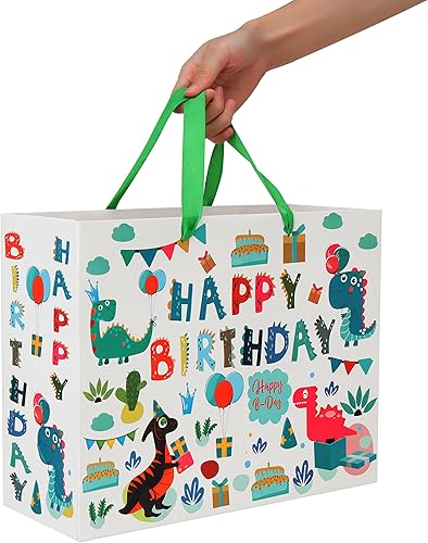 Miniatura 6 de Juego de bolsa de regalo grande de 13 pulgadas con tarjeta de felicitación y papel de seda (diseño de dinosaurio verde y feliz cumpleaños) para