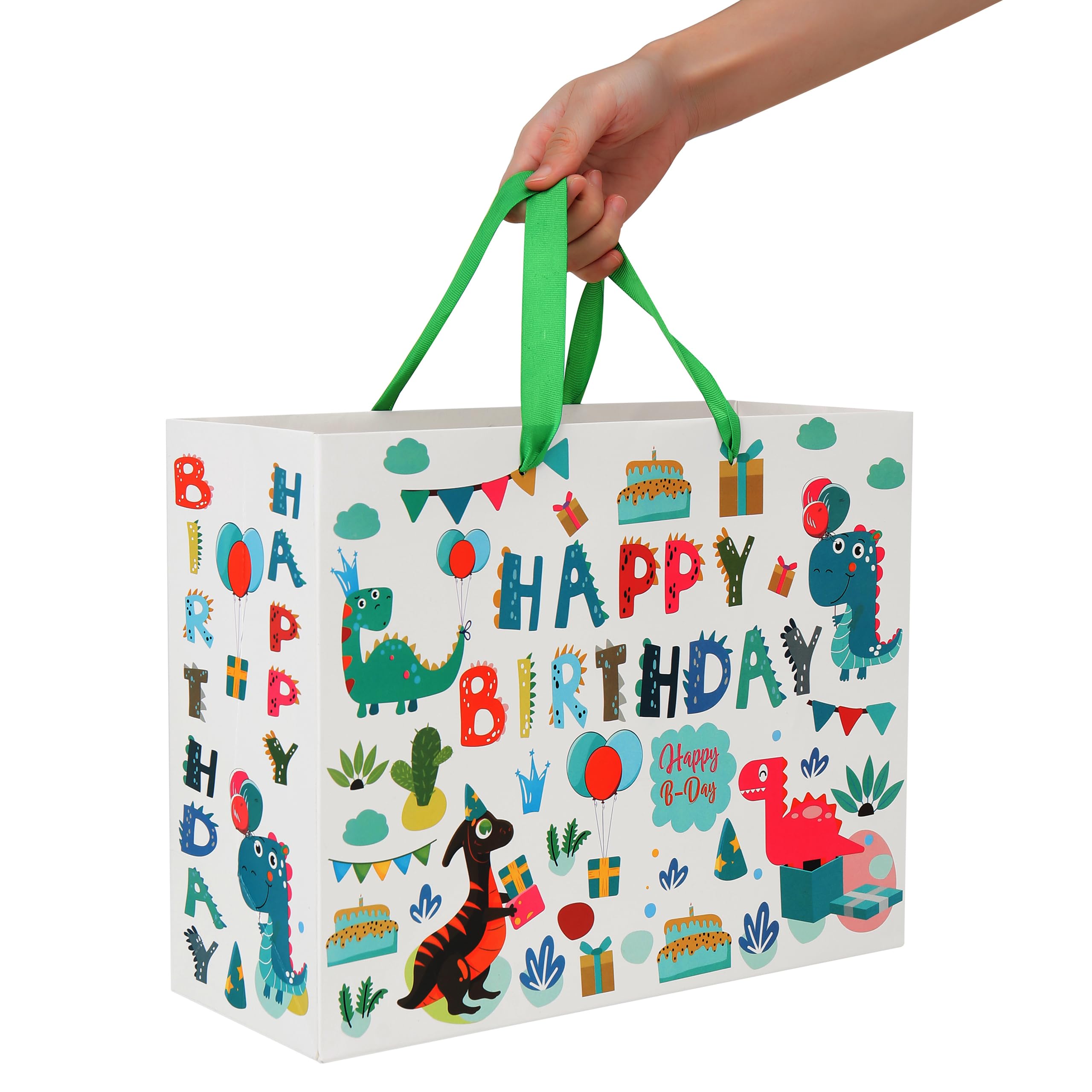 Duża biała torba na prezent 33 cm (dinozaur i wszystkiego najlepszego) na imprezy dla dziewcząt lub dzieci, baby shower, dziewczynki, noworodki, nowe mamy lub rodzice, 33 x 13 x 25 cm, 1 szt