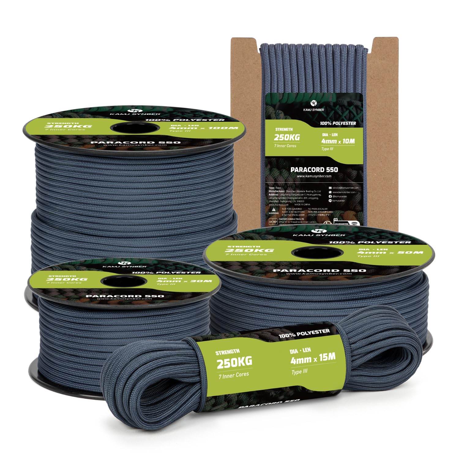 Kamu Synber Paracord 550 Type III 4mm 15m 7 Strands 100% Polyester Rope Parachute Cord Ideal for Crafting, Outdoor, Survival | Support 250kg | Navy Blue