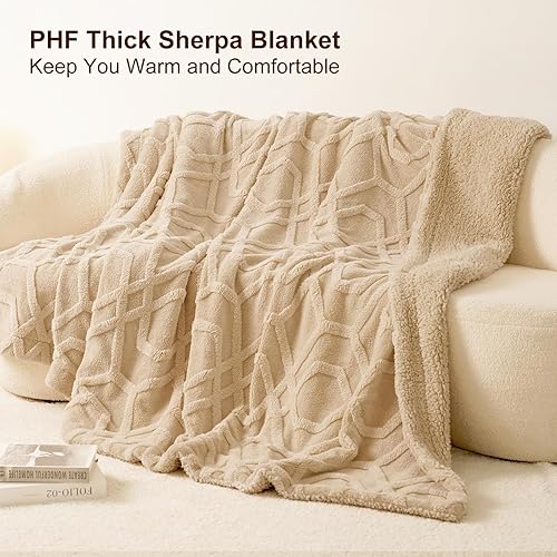 Miniatura 5 de PHF Manta de forro polar Sherpa copetudo, tamaño individual, manta cálida de sherpa jacquard 3D de 500 GSM, manta reversible y gruesa para invierno,