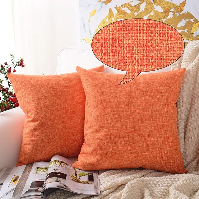 MERNETTE Pack of 2, Linen Decorative Square Throw Pillow Cover Cushion Covers Pillowcase, Home Decor Decorations For Sofa Couch Bed Chair 18x18 Inch/45x45 cm (Orange)