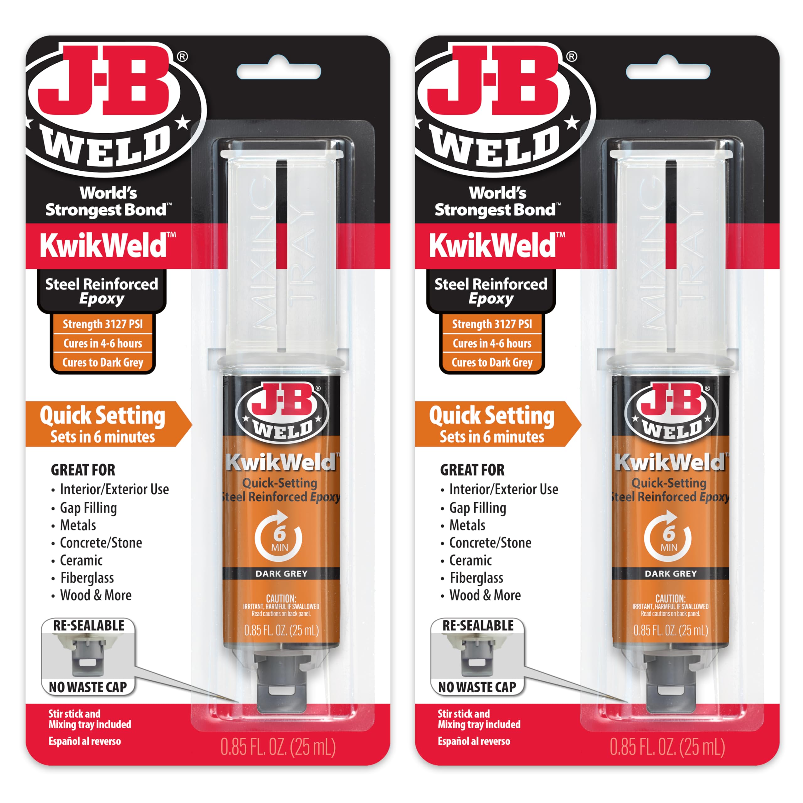 J-B Weld6 Minute Set Epoxy KwikWeld, High Strength, Waterproof, 2 Pack, Dark Grey, 50176-2