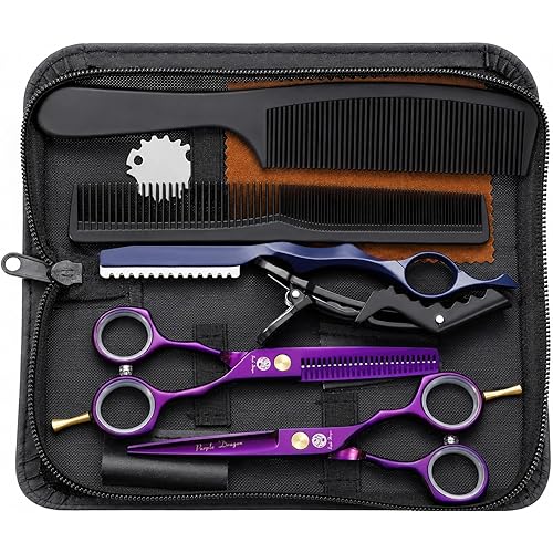 Purple Dragon 5.5 inch Hair Cutting Scissors Set with Razor, Leather Scissors Case, Barber Hair Cutting Shears Hair Thinning/Texturizing Shears for Professional Hairdresser or Home Use (Purple)