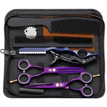 Purple Dragon 5.5 inch Hair Cutting Scissors Set with Razor, Leather Scissors Case, Barber Hair Cutting Shears Hair Thinning/Texturizing Shears for Professional Hairdresser or Home Use Purple