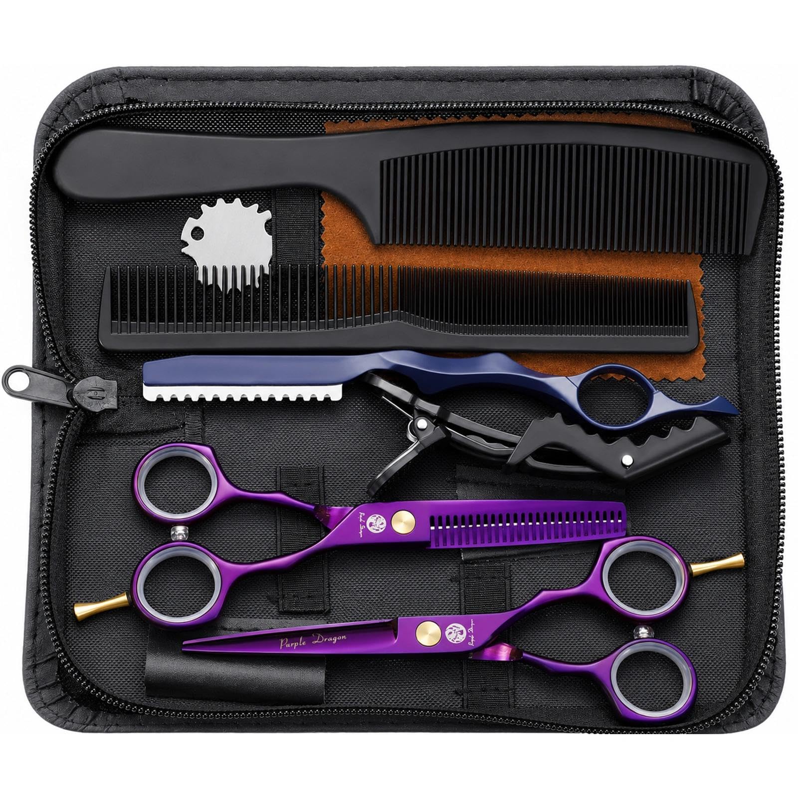5.5 inch purple hair cutting scissors set with razor, leather scissors case, barber hair cutting shears hair thinning/texturizing shears for professional hairdresser or home use (purple)