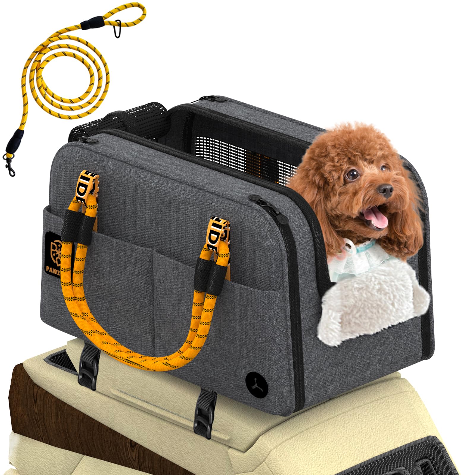 PAWZIDEA Center Console Dog Car Seat, Enclosed Secure Armrest Booster Seat for Small Dogs & Cats up 12lbs, Soft-Sided Travel Pet Carrier Safety Straps, Removable Pillow, Storage Pocket, Shoulder Strap