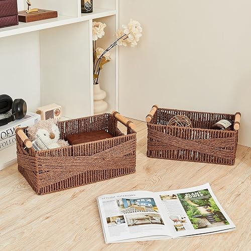 Miniatura 4 de Cesta de almacenamiento con asa, cesta rectangular grande de mimbre para organizar, cesta de almacenamiento de mimbre decorativa, cesta organizadora