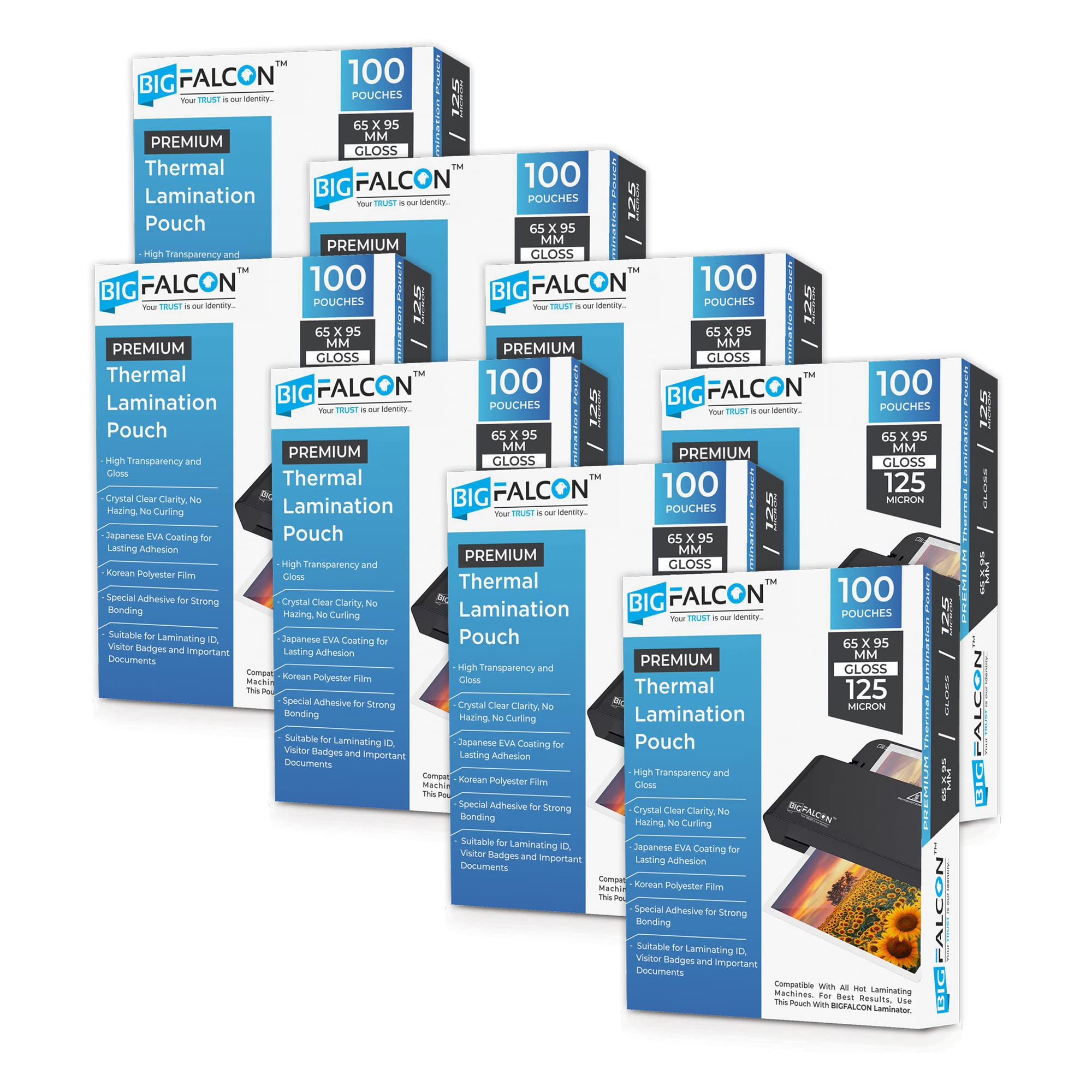 Buy BIGFALCON Premium 65 X 95mm 125 Micron ID Card Size Pack of 8 (800