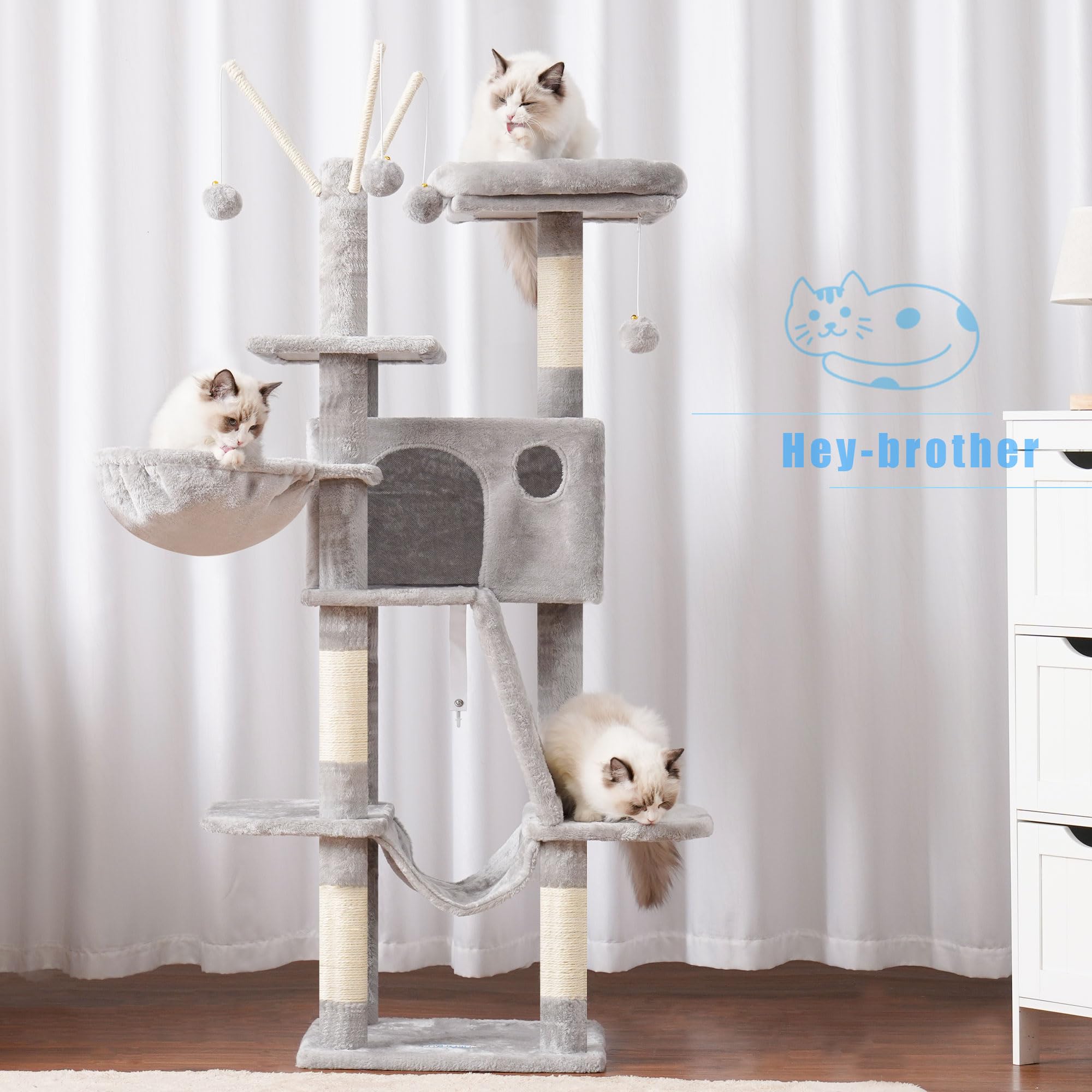 Hey-brother Cat Tree, 135 cm wieża dla kotów domowych, domek dla kota z wyściełanym legowiskiem, piłeczkami, dużym przytulnym mieszkaniem, hamakami i sizalowymi drapakami, jasnoszary EMPJ019-SW