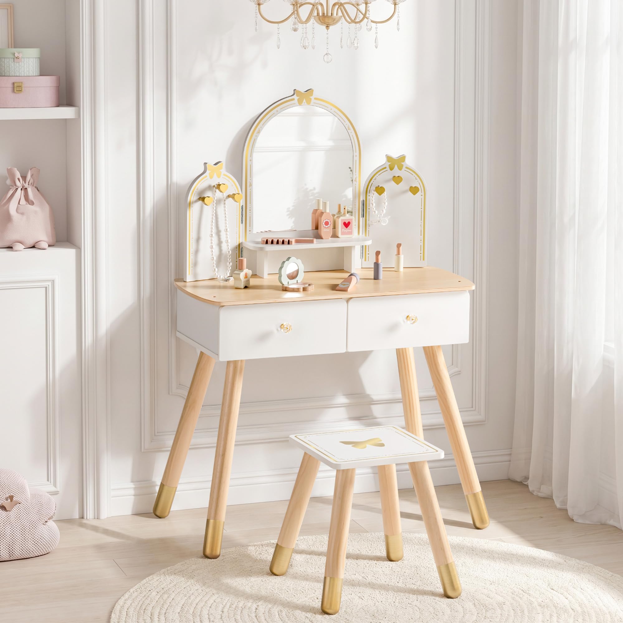 ROBUD Kinder Schminktisch mit Hocker: Mädchen kinderschminktisch mit Spiegel, Rollenspiel Schminktisch für Kinder, Frisiertisch mit Schublade und Zubehör für Kinderschminke, ab 3 Jahren （Weiß-golden）
