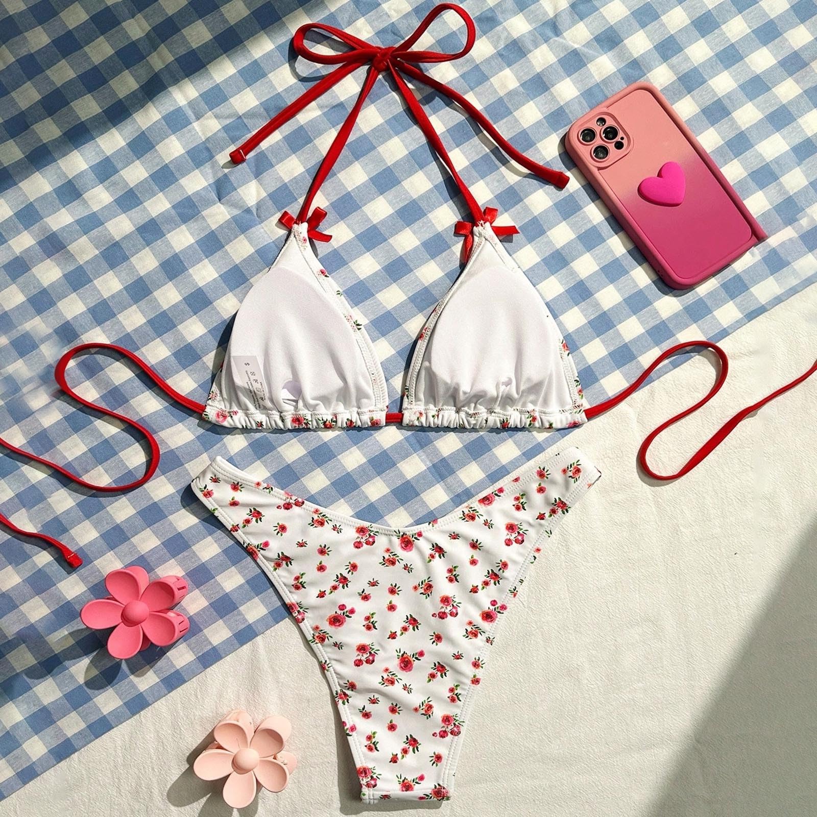 Maillot de bain 2 pièces pour femme - Imprimé cerises - Bikini triangle à nouer sur le côté - Pour l'été, la plage, la piscine, les vacances