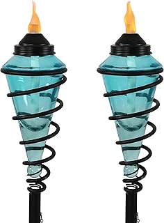 Sunnydaze Blue Glass Torch with Metal Swirl, Outdoor Patio and Lawn Torch, 25- to 66-Inch Adjustable Height, Set of 2