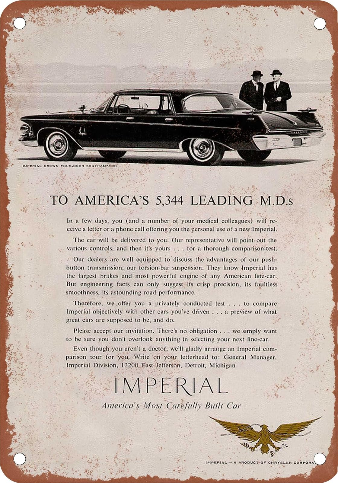 METAL SIGN - 1962 Imperial Vintage Ad 06 - Old Retro Rusty Look home decor