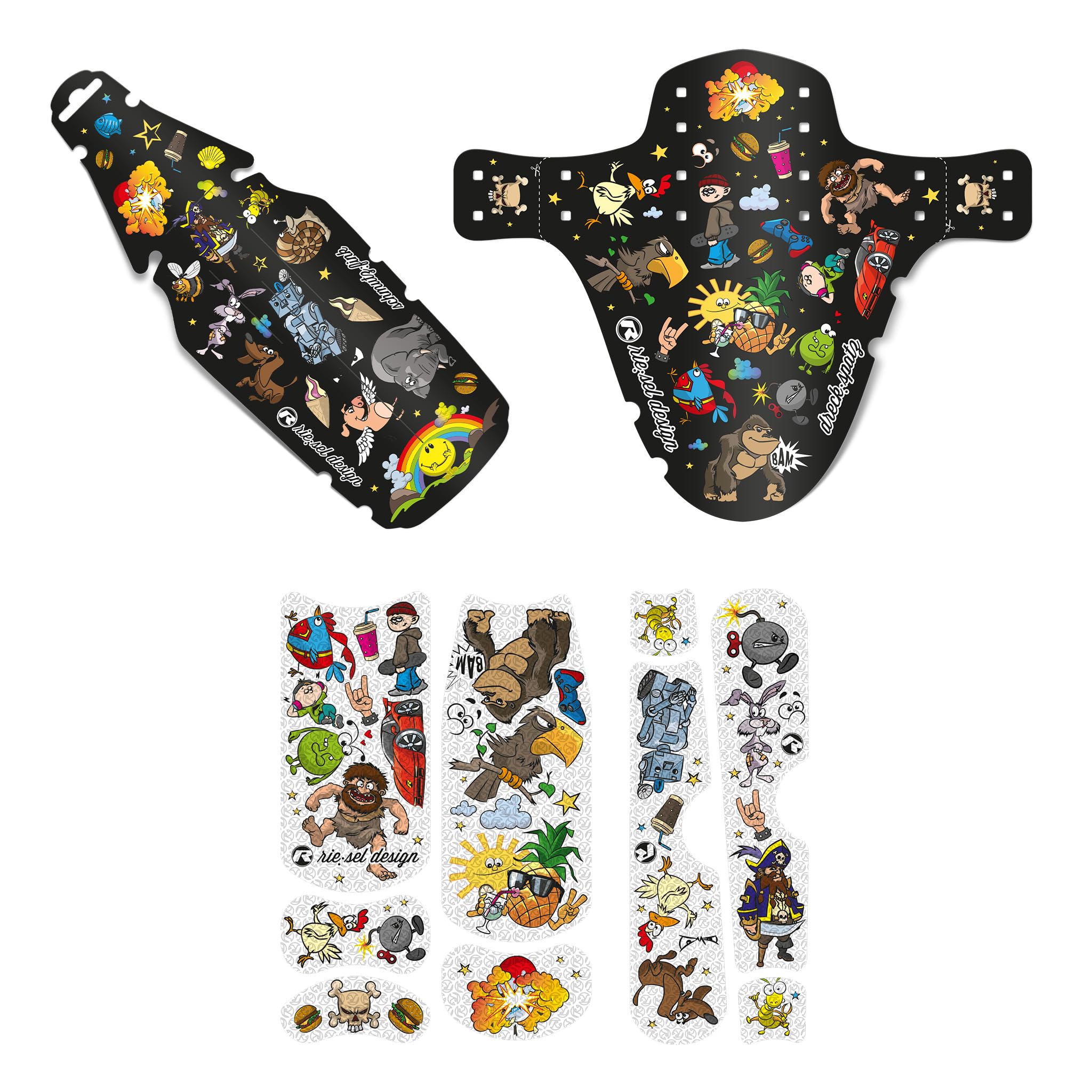 Riesel Design® - Set bestehend aus Schutzblechen für vorn und hinten für Kinderfahrrad und Rahmenschutz Folie - 14-18 Zoll (Kiddo stickerbomb Set)