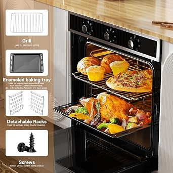 Karinear Electric Oven 60L Built in Knob Control 6 Functions 2200W Plug and Play 220V 60cm Wide Black with 120 Timer [Energy Class A+++]