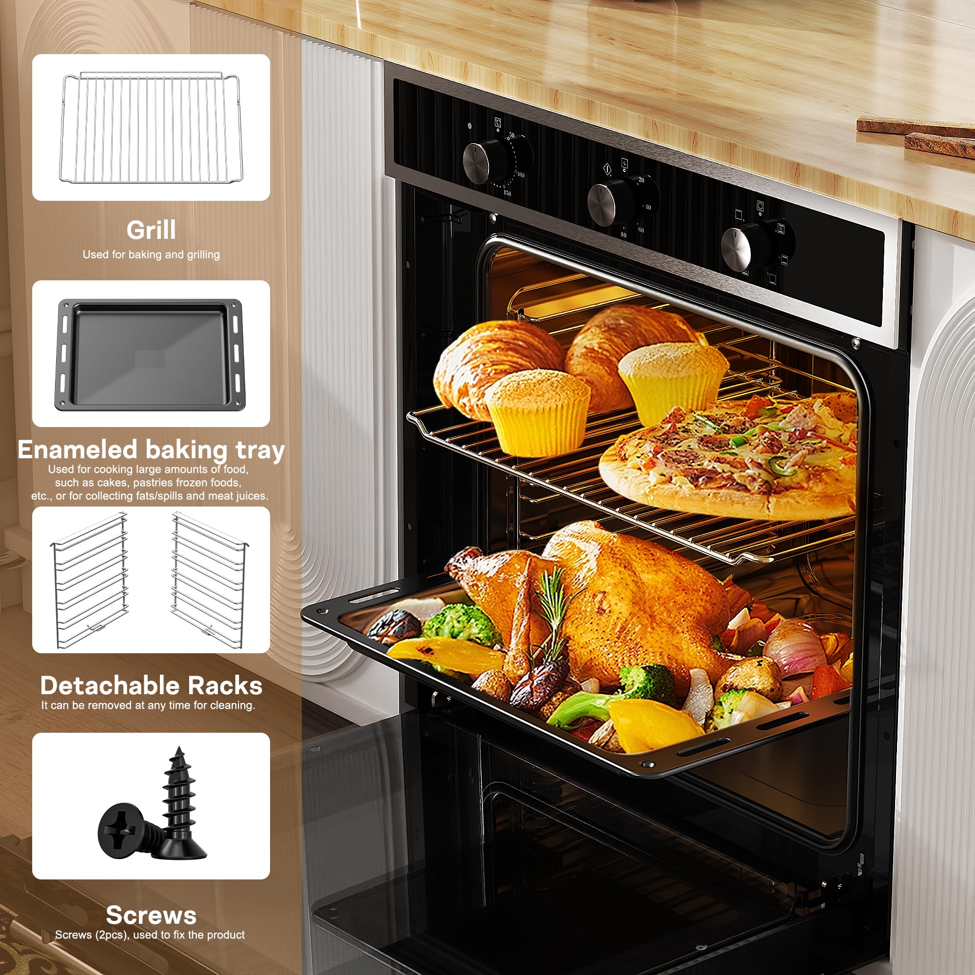 Karinear Electric Oven 60L Built in Knob Control 6 Functions 2200W Plug and Play 220V 60cm Wide Black with 120 Timer — view 5