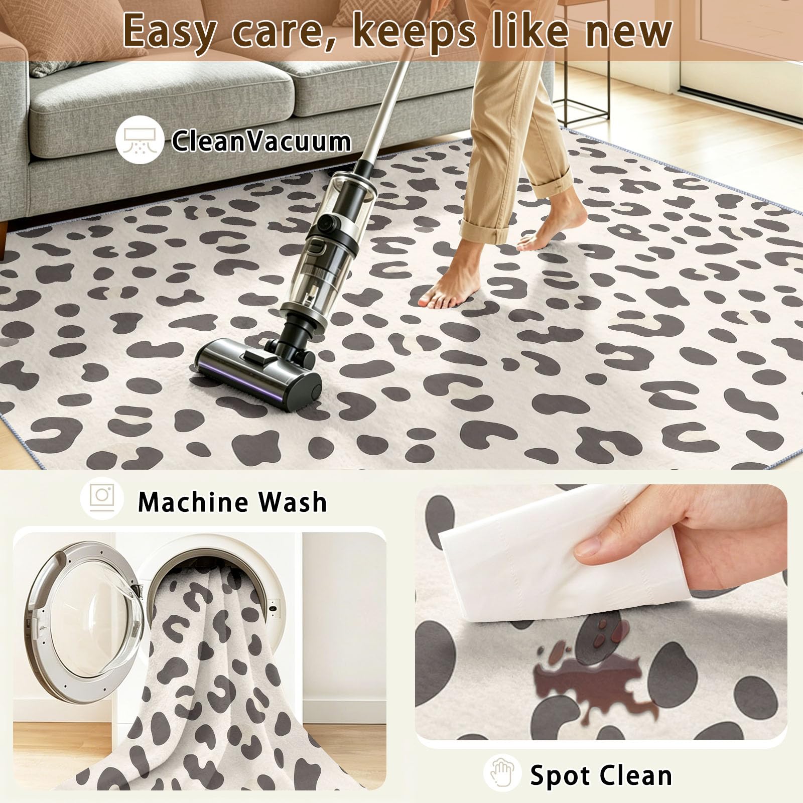 Creme Abstrakt Tier Leopardenmuster Teppich Waschbar Junge Mädchen120 x 180 cm - rutschfest Pflegeleicht Teppich Modern Minimalistisch, für Spielzimmer Jugendzimmer