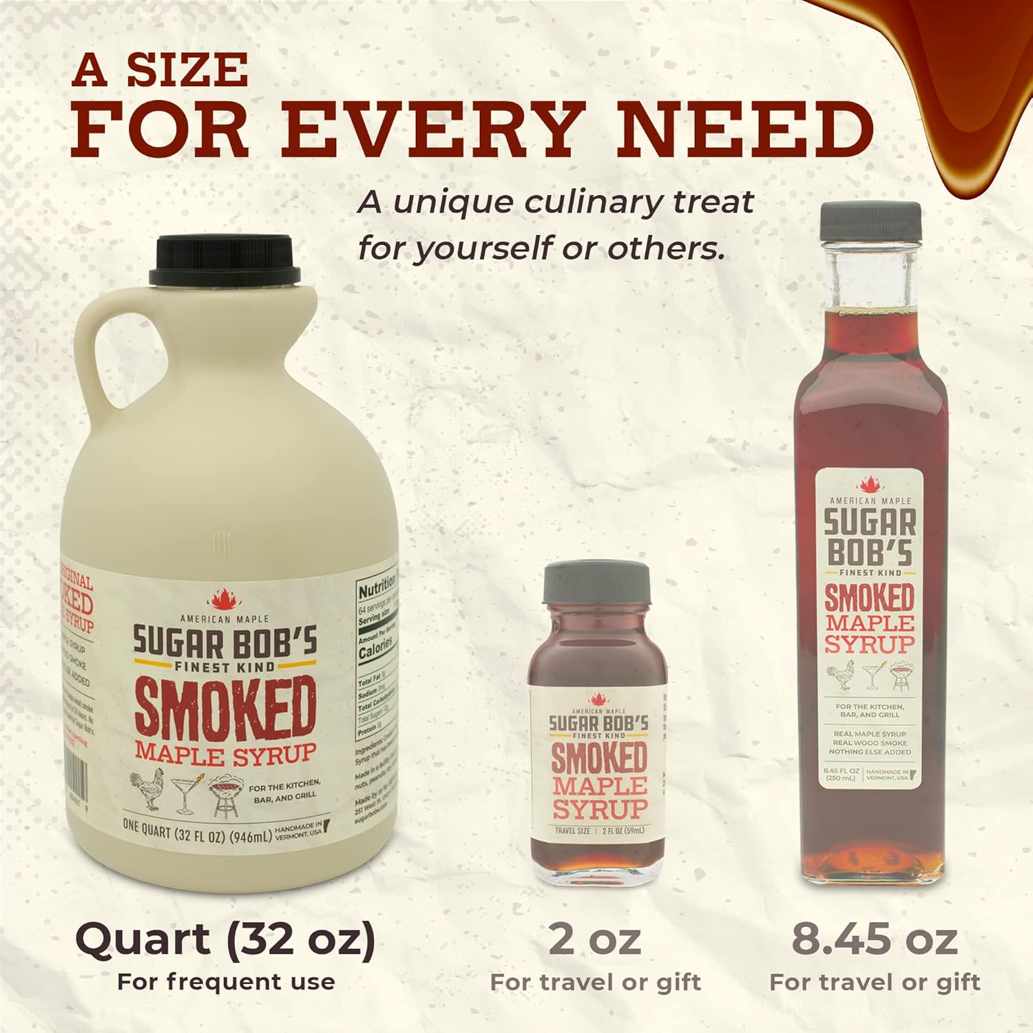 Sugar Bob's Finest Kind - Smoked Maple Syrup - Glaze, Marinade, Cocktail Mixer, 32 fl oz - Made in Vermont