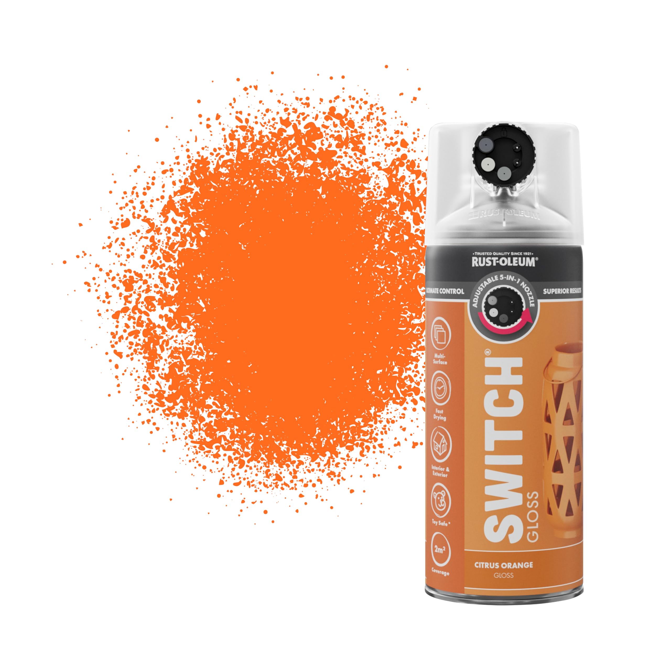 Rust-Oleum Switch 5 in 1 Nozzle Multi Surface Topcoat Decorative Spray Paint Aerosol 400ml Citrus Orange Gloss Finish