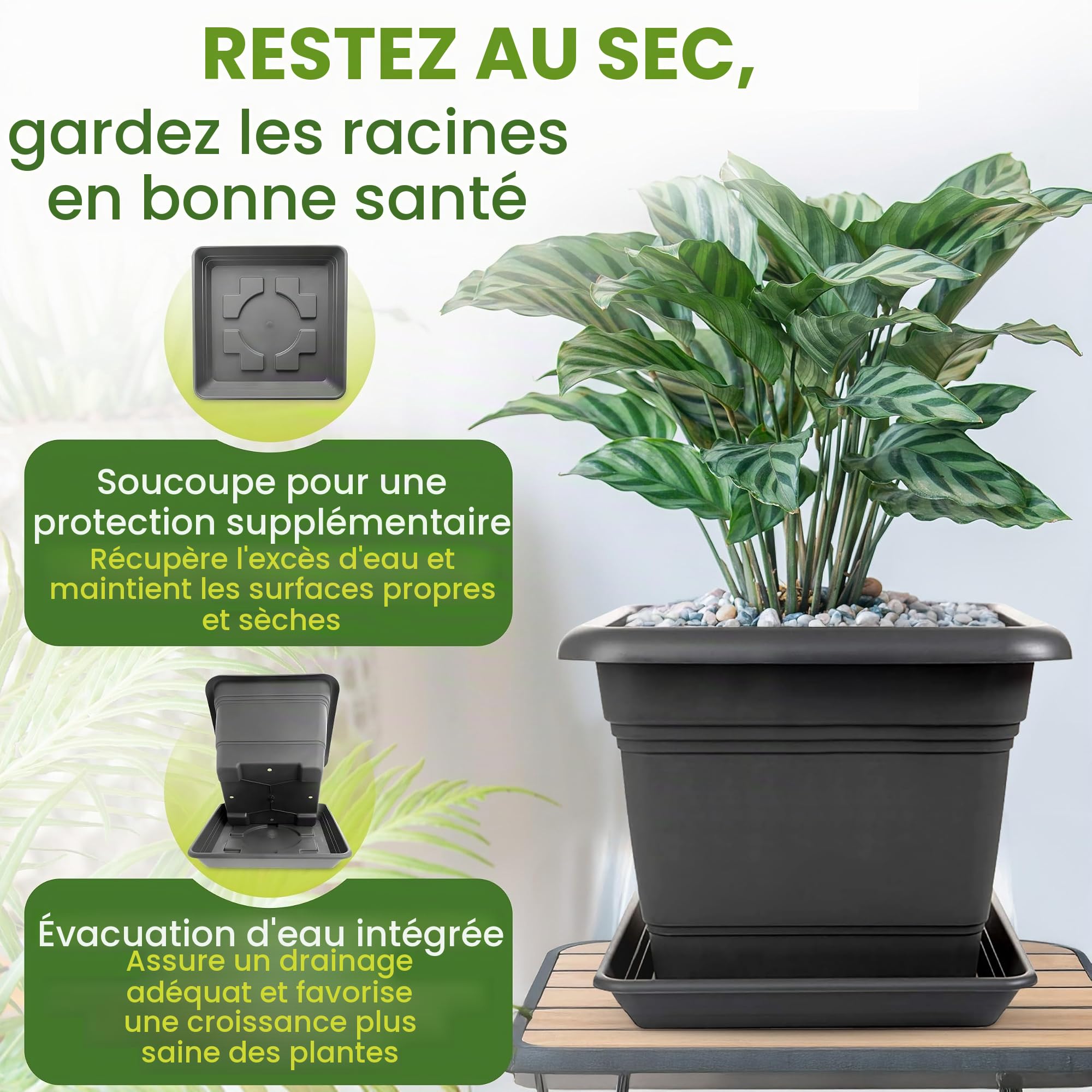2friends Lot de 3 grands Pots de Fleurs Outdoor Don 40x40cm Pot de Fleurs avec Soucoupe Pots de Fleurs en Plastique Fabriqué en Allemagne modèle Anthracite Don