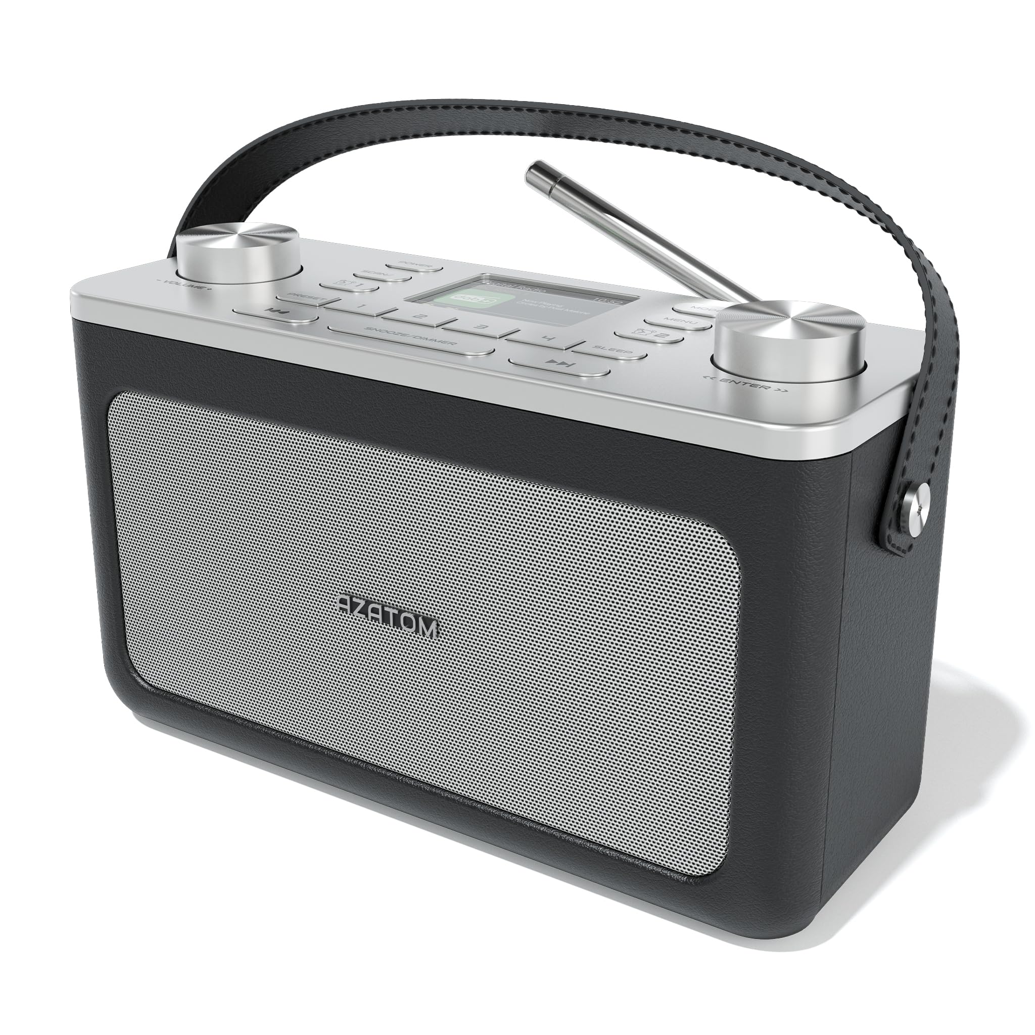 DAB/DAB+ & FM Portable Digital Radio | Leather Design | Bluetooth | Battery & Mains Powered (4x”C”) | Dual Alarms & Sleep Timer | Perfect for Home, Office or Outdoors | AZATOM Classic (Black/Silver)