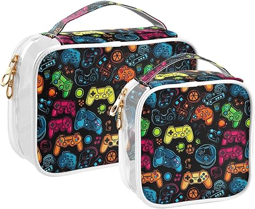 Funny Game Controllers Gamepad Clear Toiletry Bag for Traveling,2 Pack Makeup Cosmetic Bag with Zipper,Travel Bag for Toiletries,Travel Essentials