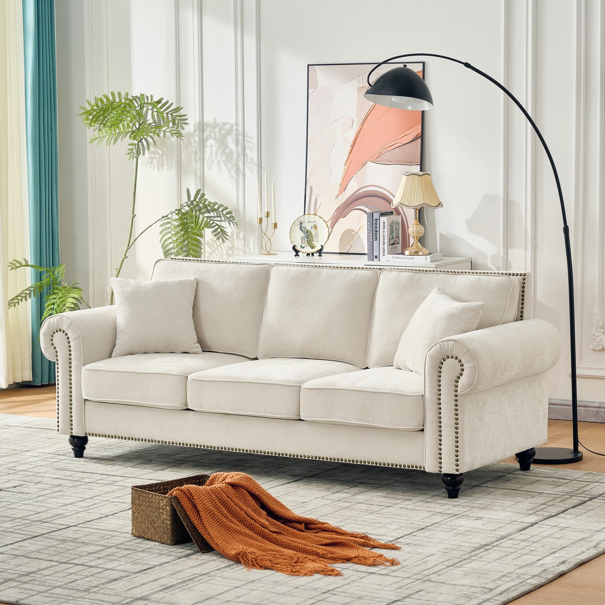 TTK 86" Modern 3-Seater Sofa with Rolled Arms, Chenille Upholstered Couch with Sturdy Wood Legs and Elegant Nailhead Trim, Comfortable Living Room or