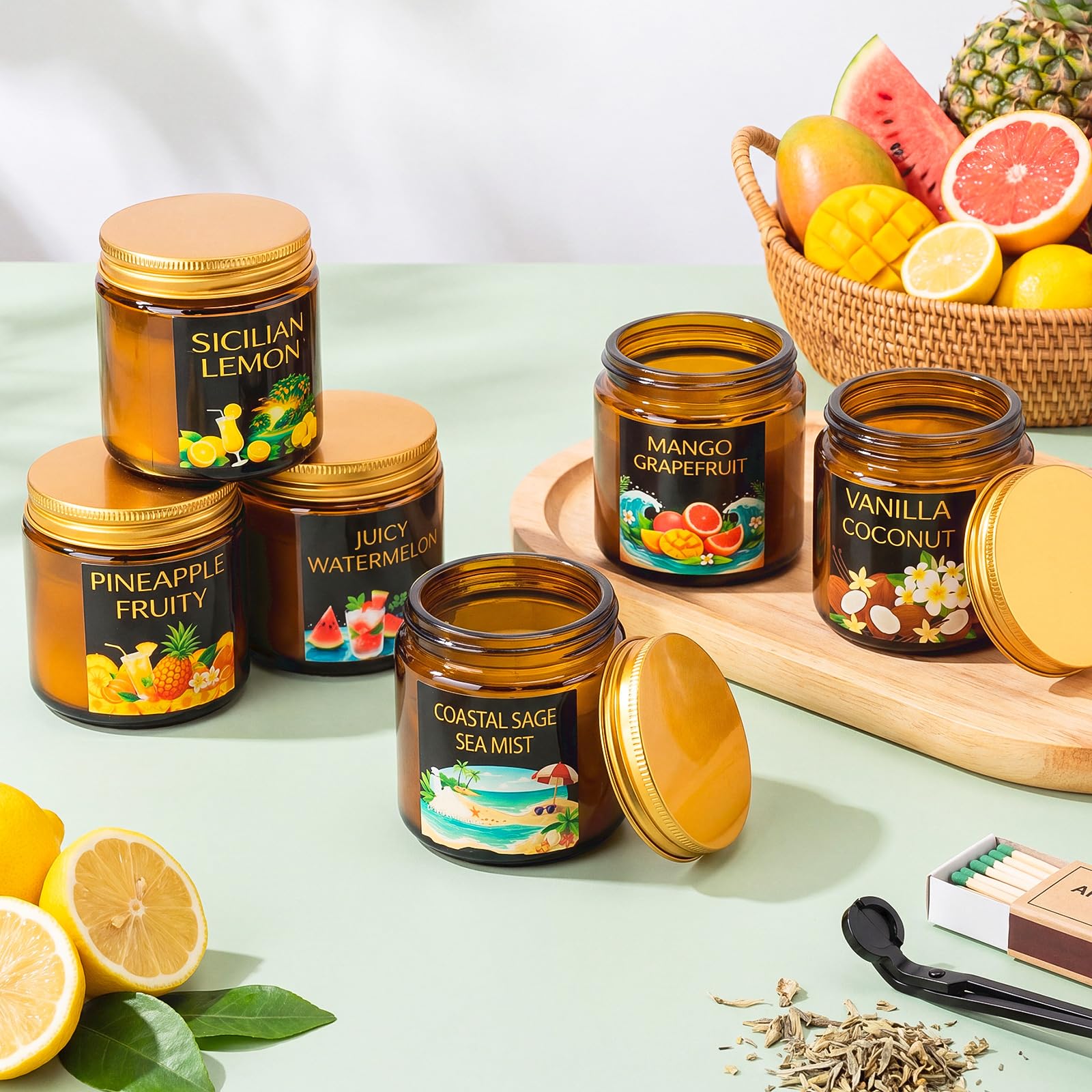 Conelist Juego de 12 velas perfumadas de cera de soja fructífera para el hogar, 3.5 onzas, 180 horas de combustión, regalo para hombres y mujeres, aroma de coco vainilla, piña, salvia de sal marina