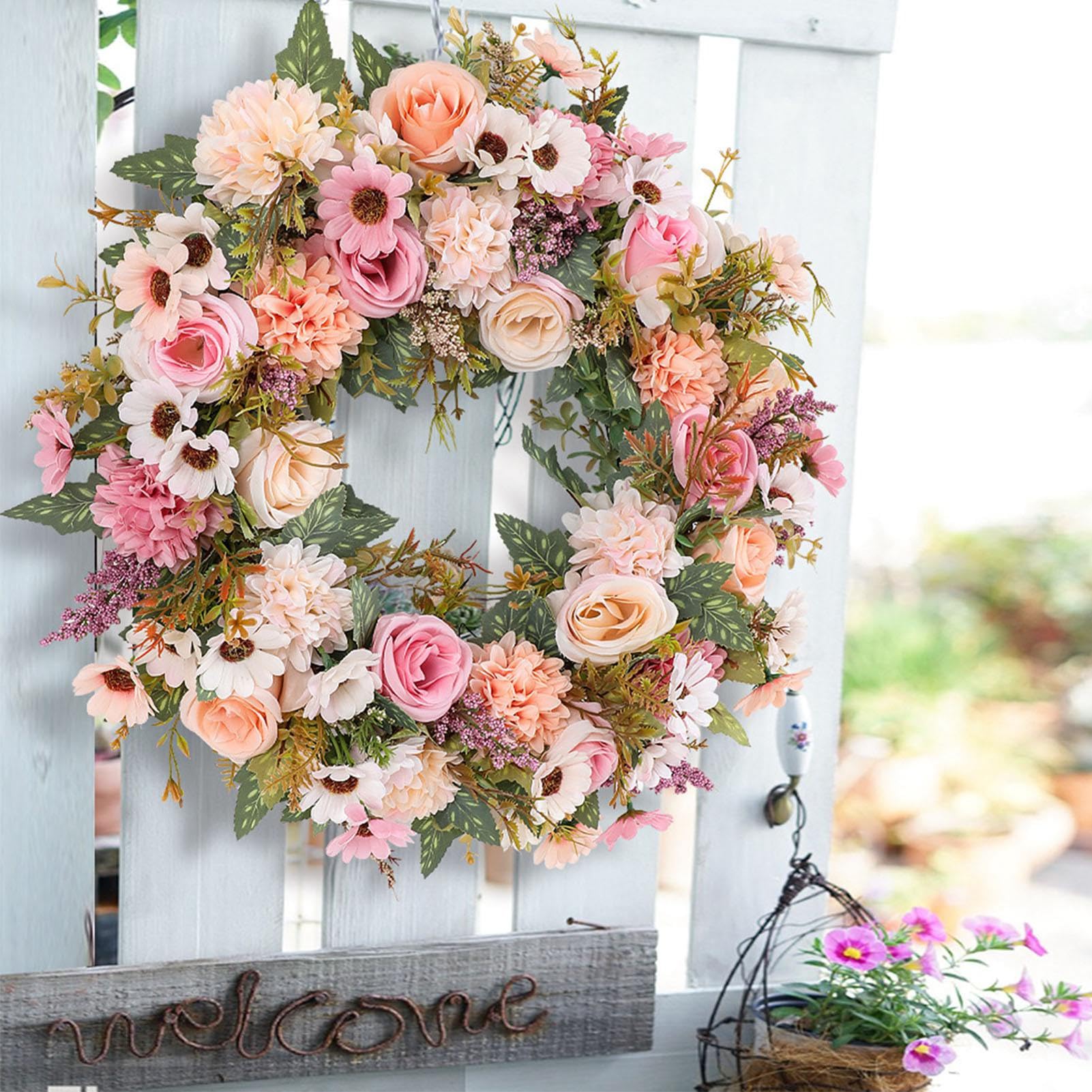 RIZGHWOY Ghirlanda Artificiale di Rose e Ortensie da 45 Cm, Decorazione Primaverile (Ghirlanda di rose di ortensie rosa primaverile)