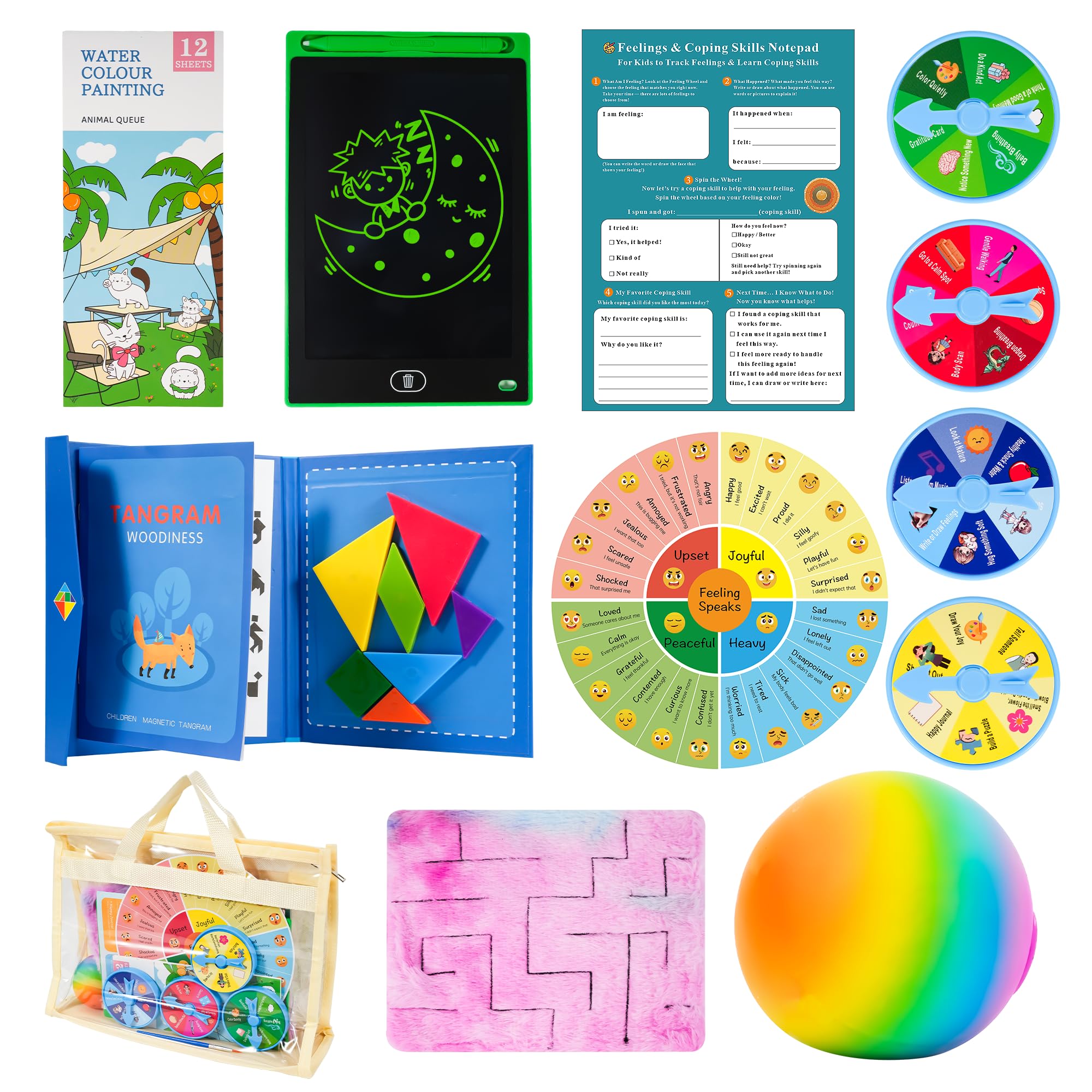 Spin & Feel Coping Skills Kit - Anger Management Stress Relief Tools for Kids & Families, Emotional Regulation Kit for Kids with Calming Down Corner Tools, Play Therapy & Social Emotional Learning