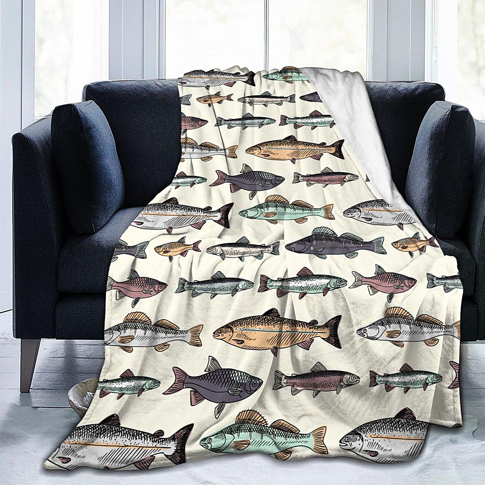 Vintage Fish Blanket Soft Lightweight Throw Blankets Cozy Flannel Bed Throws for Sofa Couch Travel Home Room Bedroom Decor Gifts for Boys Girls Kids