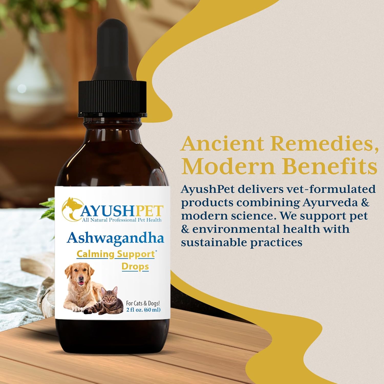 Ayush Pet Ashwagandha Drops for Dogs & Cats - Organic Liquid Ashwagandha Root Extract for Calm and Whole-Body Wellness, Adaptogenic Wellness Supplement for Pets, 100mg per Dropper - 2 fl oz