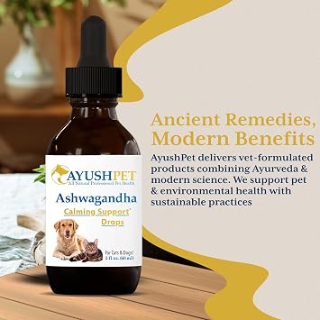 Ayush Pet Ashwagandha Drops for Dogs & Cats - Organic Liquid Ashwagandha Root Extract for Calm and Whole-Body Wellness, Adaptogenic Wellness Supplement for Pets, 100mg per Dropper - 2 fl oz