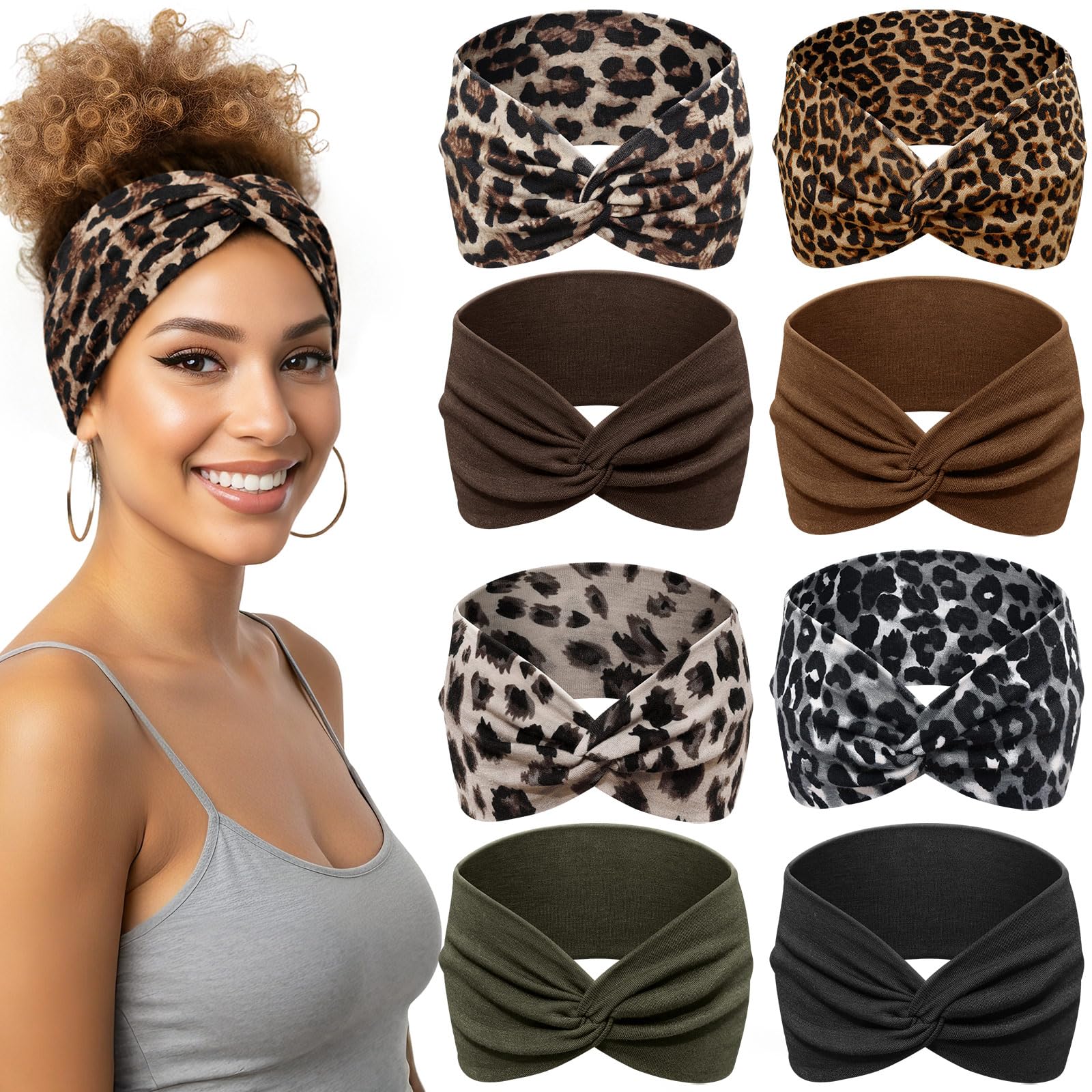 Kavya Haarband Damen Stirnband Breit - 8er Pack Elastische Rutschfest Kopftuch Weiches, Leopardenmuster und Boho Mehrfarbig, für Kosmetik, Yoga, Laufen, Sport Haarschmuck