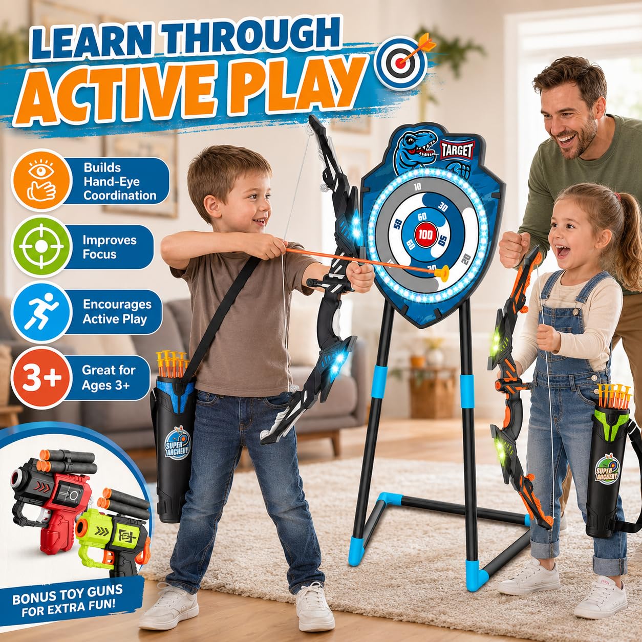 Kit de tir à l'arc LED pour enfants de 4 à 12 ans – Comprend un arc et des flèches, cible debout – Jouet de sport de plein air parfait pour garçons et filles (bleu/vert)
