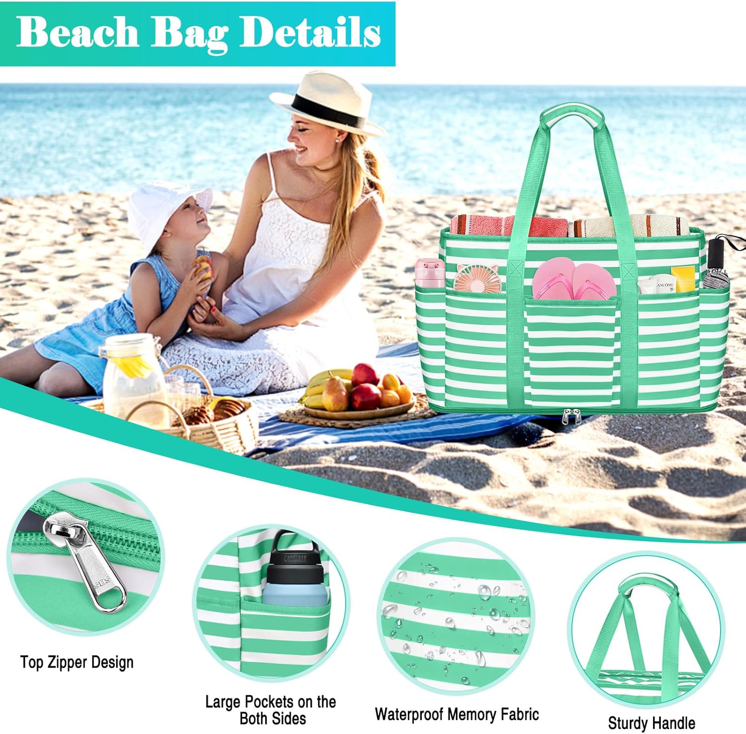 Large Beach Bag with Zipper, 12 Pockets Waterproof Sandproof Pool Bag Womens Mesh Beach Tote Bag for Travel Vacation - Image 3