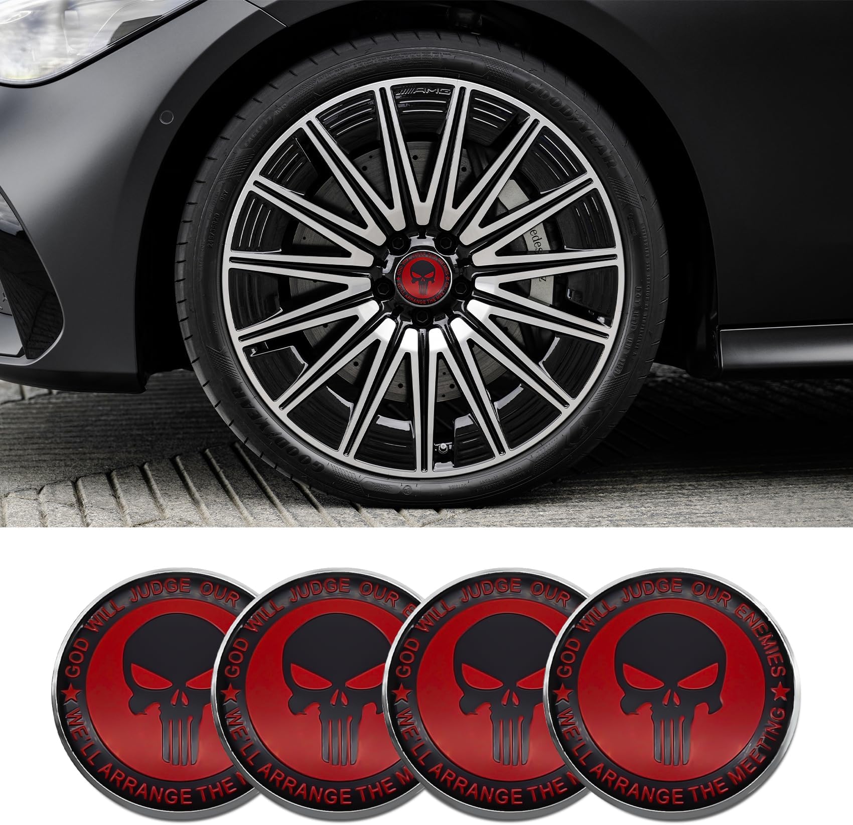 4PCS Car Wheel Center Hub Cover, Center Caps for Rims, Waterproof & Rustproof Automotive Accessories Decals, Universal Car Accessories Hub Caps Compatible with Cars (Red/Balck Skull)