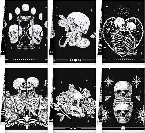 Miniatura 10 de Bencailor 6 toallas de cocina con diseño de calavera, diseño de esqueleto, gótico, espeluznante, calavera, para baño, cocina, decoración gótica de