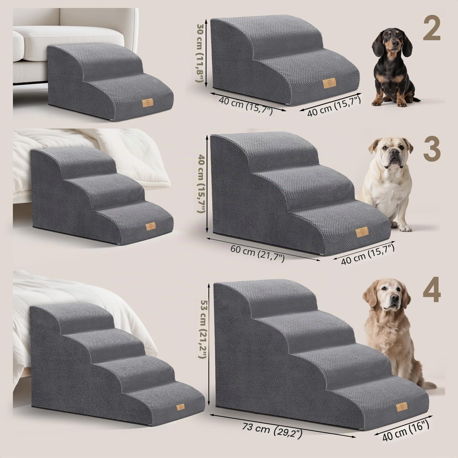 Escaleras para Perros a 4 Escaleras, Rampa de Espuma de Alta Densidad para Mascotas, Escalera Antideslizante para Perros con Funda Lavable para Ancianos, Gris