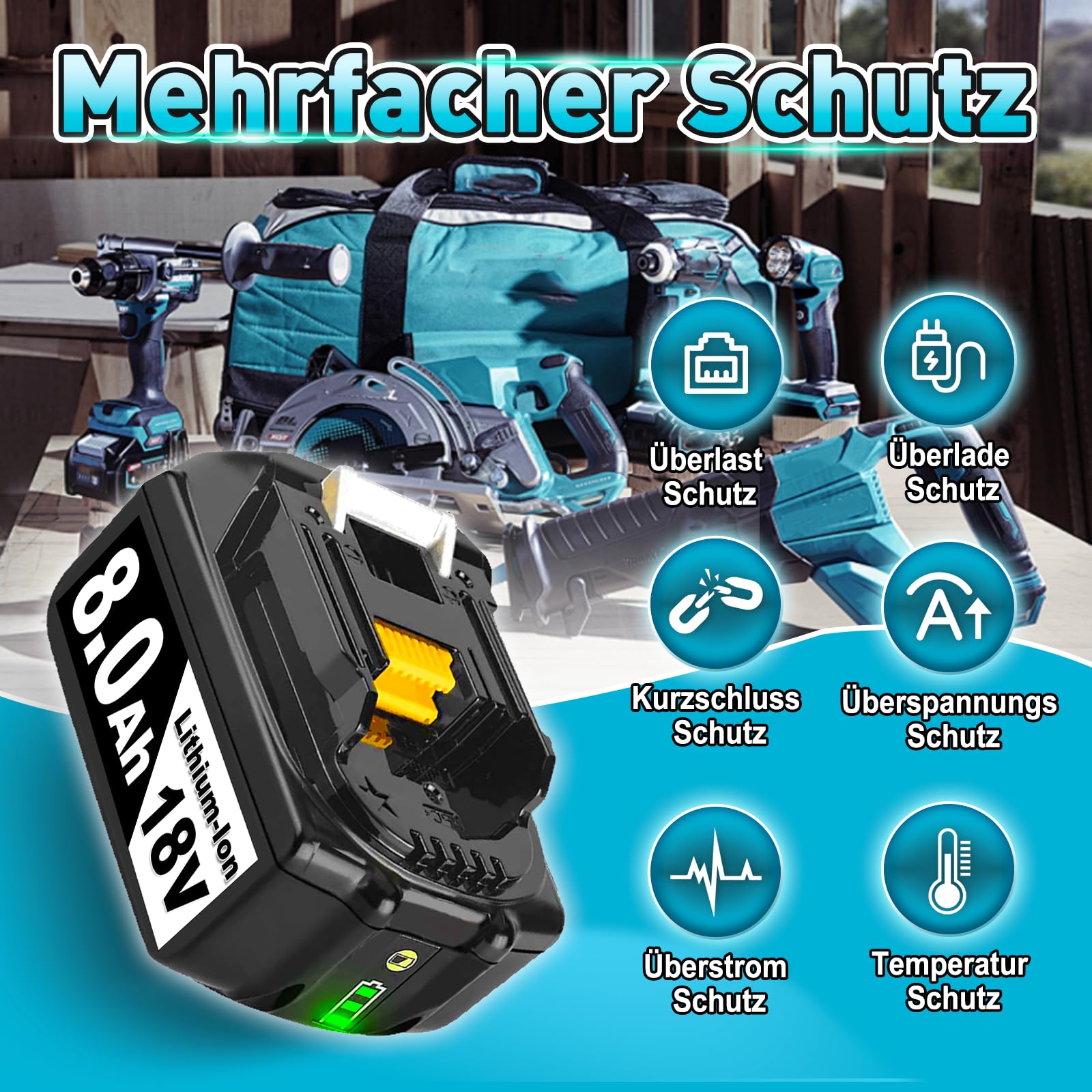 2 Stück 8000mAh 18V Li-ion Akkus Kompatibel mit Makita Akku 18V BL1860B Ersatz für Makita Akku BL1860B BL1850B BL1840 BL1830 BL1815 BL1835 BL1845 BL1850 194205-3 mit LED Indikator (2) - 5