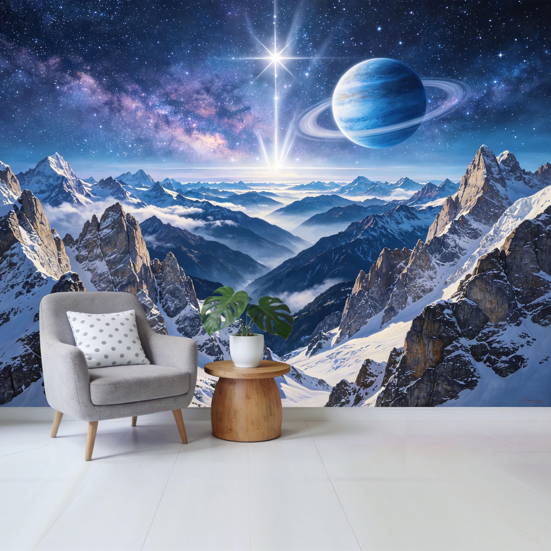 Custom Size Wall Mural Cosmic Mountain Landscape Galaxy Planet Sky View Removable Self Adhesive Fabric Home Wall Decor for Living Room Bedroom Bathroom