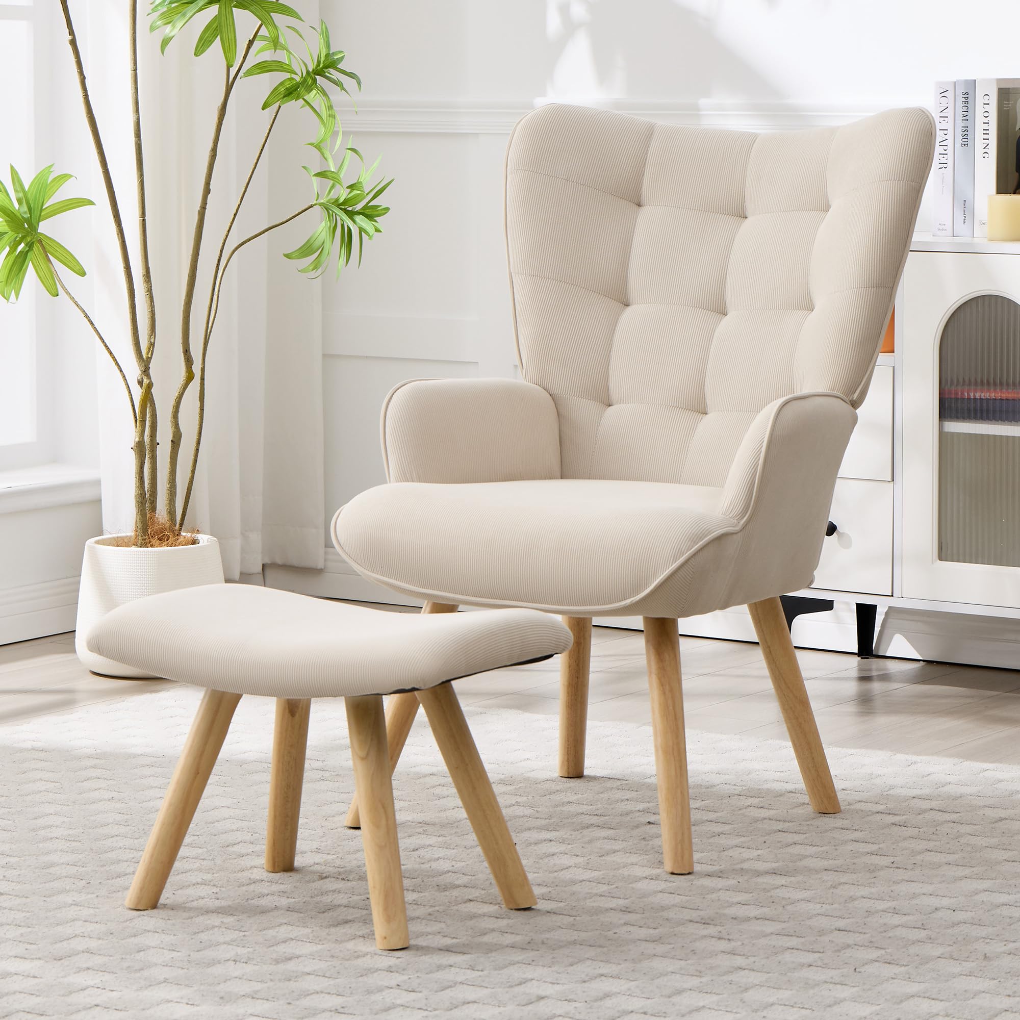 EBELLO Ohrensessel mit Hocker Sessel Wohnzimmer Loungesessel mit Cord-Stoff