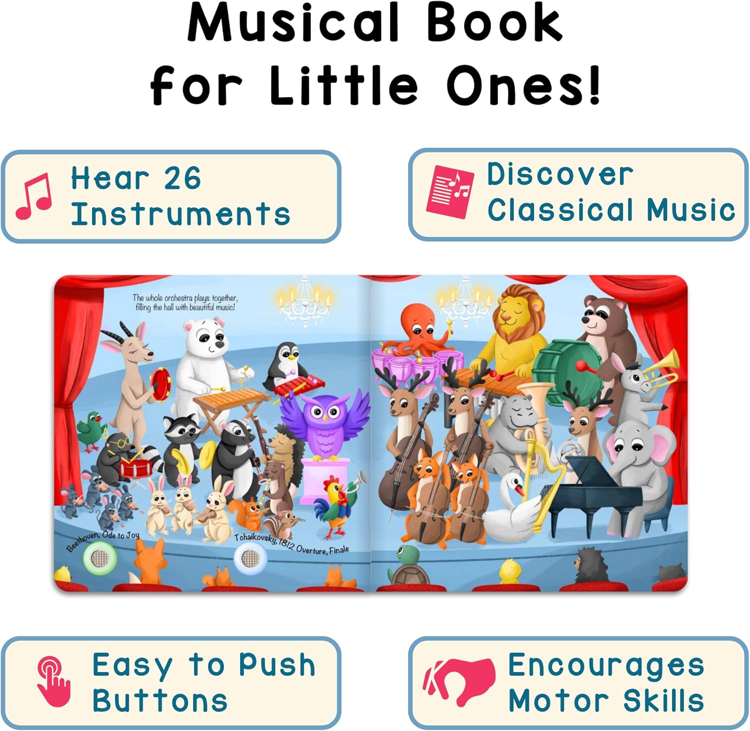 LEARNING BUGS Discover The Orchestra – 28 Instrument Sounds and Classical Pieces, Musical Books for Toddlers, 28-Button Music Book, Musical Toys for Toddlers 1-3