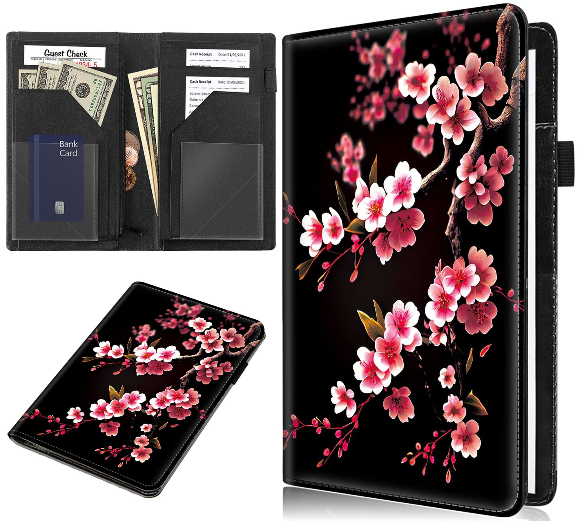 RYUITHDJP Server Books, Enlarged 9x5 Inches Server Book for Waitress, Waitress Books with Zipper Pocket Cherry Blossom Black Design Serving Book Organizer Restaurant Guest Check Presenter