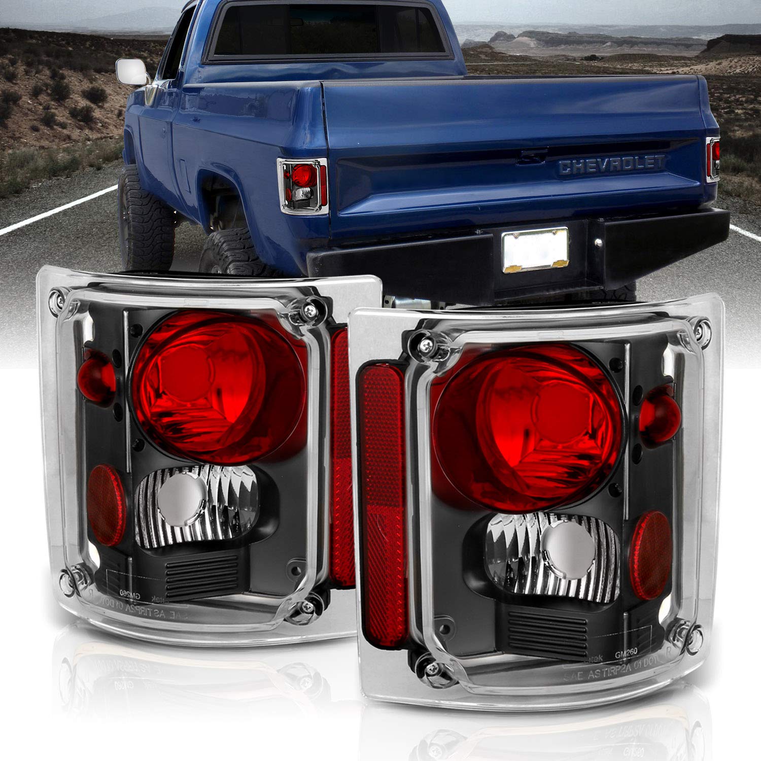 AmeriLite Black Housing Replacement Tail Lights Assembly Set For 1973-1991 Chevy GMC Full Size 1500 2500 3500 Pickup - Passenger and Driver Side